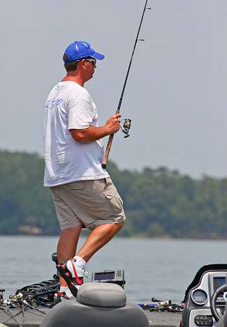 Normally a jig fisherman, Pace has a finesse rod in hand as the afternoon sun beats down on the Wetumpka area.