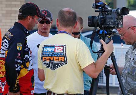 Kevin VanDam did several interviews after stepping off the weigh-in stage. 