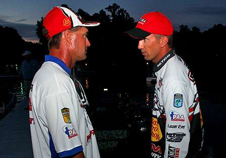 Brother-in-laws Terry Butcher and Edwin Evers chat before the Day Two launch begins.