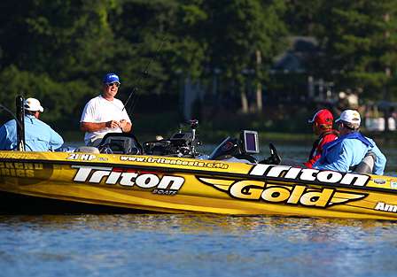 Gary Klein visits with Cliff Pace, as both are fishing near the Jordan Dam.
