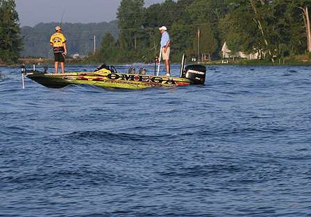 Derek Remitz, fishing the mouth of Blackwell's Creek, gets jostled by boat traffic after KVD entered and Lane exited.