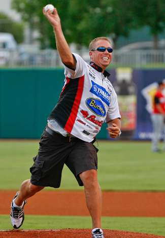 After leaving the Prattsville Bass Pro Shop, Russ Lane was hustled to the home field of the Montgomery Biscuits to throw out the first pitch. 