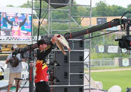 KVD holds up two of the bass that helped him take the day with a comfortable three-pound, three-ounce lead. 