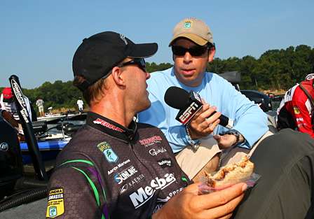 Keith Alan interviews Aaron Martens before takeoff on Day Two on the Alabama River.