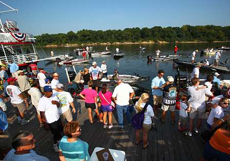 Spectator boats crowd the launch site watching the anglers prepare for Day Two.
