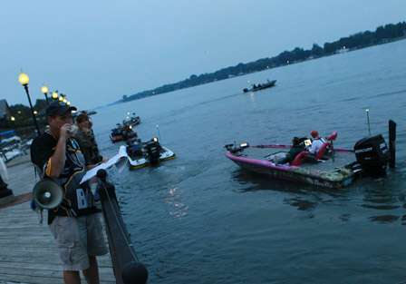 Tournament Director Chris Bowes sends out the second and final flight of the day into the Detroit River, on this, the final morning of the Bass Pro Shops BASSmaster Northern Open No. 2.