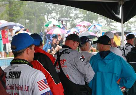 The pros and co-anglers were thankful for the roof over their head as the fans braved the rain with umbrellas, ponchos, and whatever else they could find that was waterproof.