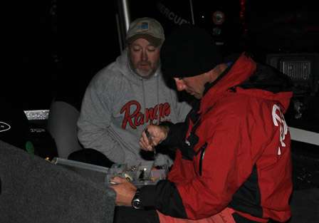 Michael Conley makes final preparations as he talks with his co-angler for Day One, Steve Schoffstall.