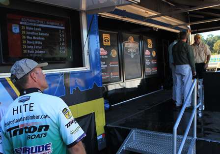 Davy Hite, who came into the event fifth in the Southern Open points, waits his turn to hit the weigh-in stage.