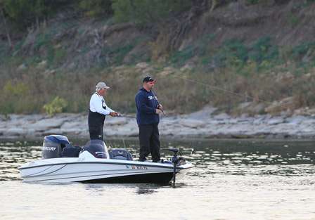 Marvin Etteredge and his Day Two co-angler Ray Peace work the deeper water out away from the bank.