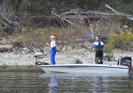 Pro Spencer McAlester and co-angler Justin Holder make their way around a small cove just off the main lake.