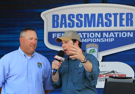 Tournament Director Jon Stewart (left) and BASS Emcee, Keith Alan talk about the many sponsors and their important role in making the Bassmaster Federation Nation Championship a success.