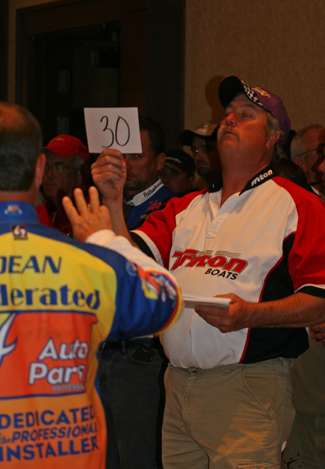 Anglers receive their boat number for Day One of competition Wednesday.