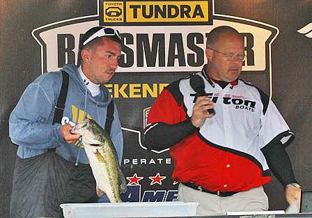 Non-boater Danny Moffat Jr. holds this 5-pound largemouth, part of his fifth-place stringer of 10.32 pounds.