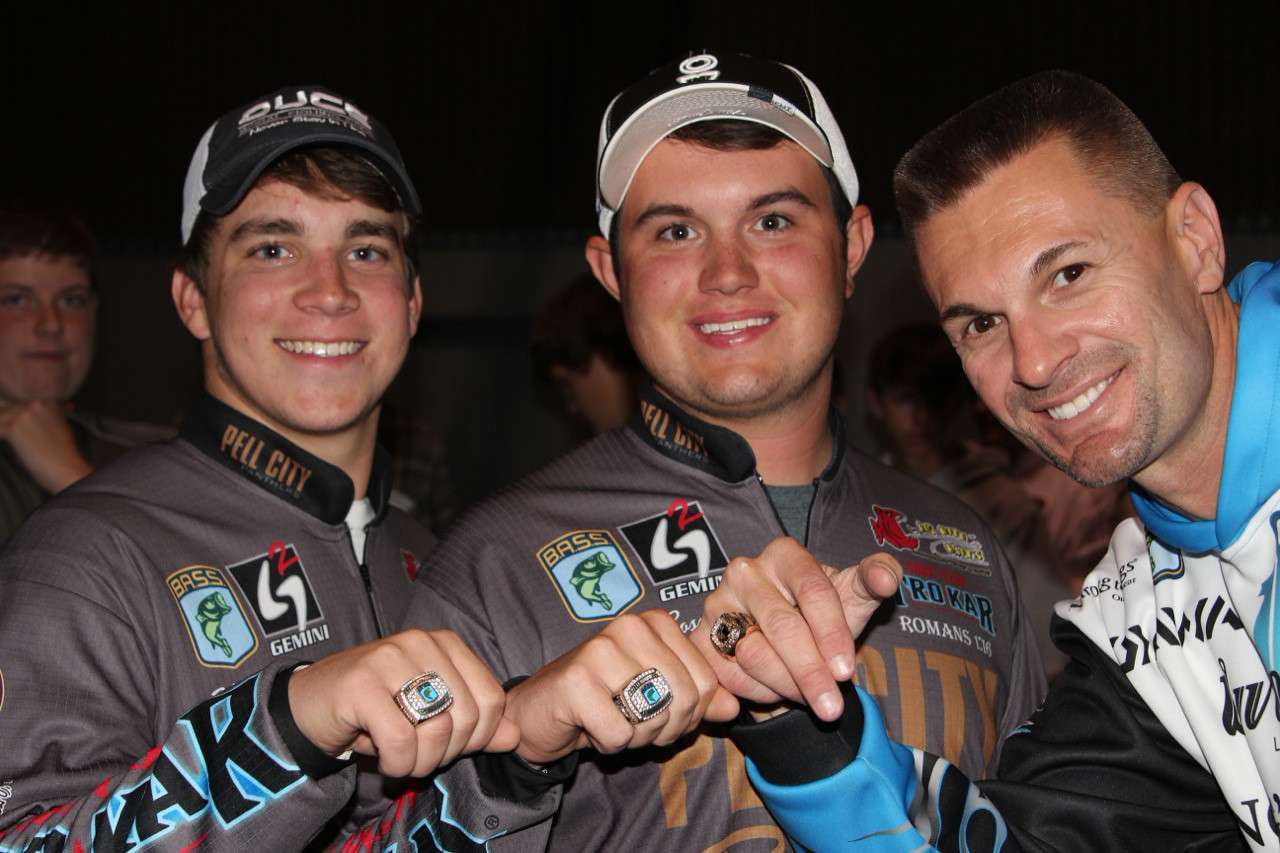 Hayden Bartee and Zeke Gossett, the Bassmaster High School Southern Regional winners from Pell City High and Randy show off their B.A.S.S. rings.
