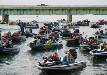 Bass boats choked up a portion of the river as they waited to launch.