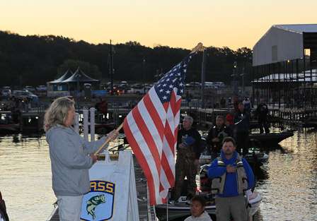The national anthem plays prior to the Day One launch on Lake Texoma.