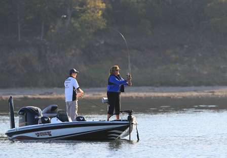 Sandi Karnes and her co-angler Dusty Tucker work a long, shallow point, switching it up occasionally.