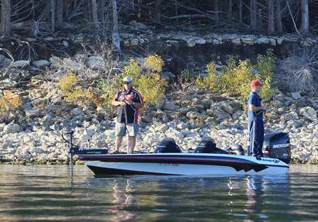 David Mullins and his first day co-angler, Bryan Welborn, work chunk rock in deeper water, still looking for their first bass.