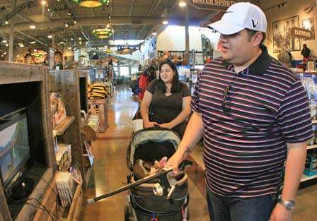 Richard Gonzalez, with wife Jeani and 4-month-old Haley, tries his hand at 