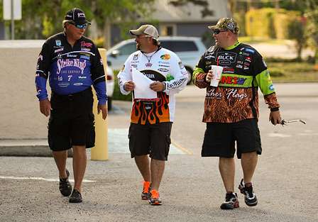 Denny Brauer, Jason Quinn and Bill Lowen arrive for the anglers meeting held at the Tavares City Civic Center. 