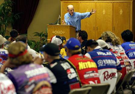 BASS Tournament Director Trip Weldon presided over the anglers meeting. 