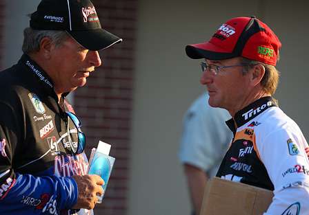 BASS tournament veterans Denny Brauer and Gary Klein visited after the anglers meeting. 
