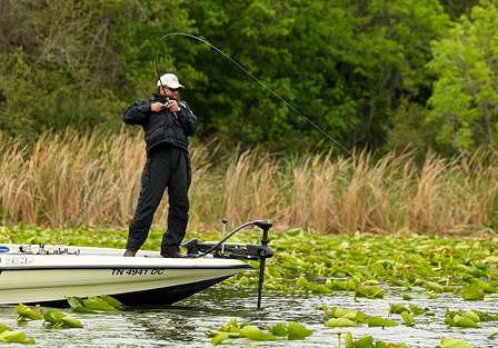 Davy Hite hooks up with a bass in the lily pads, but loses it a few seconds later.