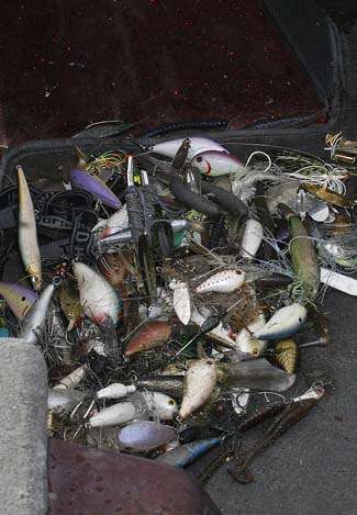 A pile of baits sits on the floor of Dean Alexander's boat. The rookie finished Day One in 32nd place with 12-2.
