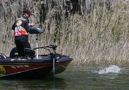 One of KVD's better keepers approaches the boat on Lake Harris. He caught one or two bass at almost every stop.