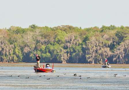 Boyd Duckett and Mark Menendez troll the flats looking for bedding fish. 