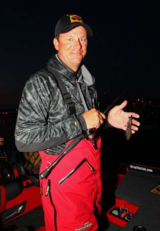 Kevin VanDam displays one of the baits he will use today while sight fishing. 