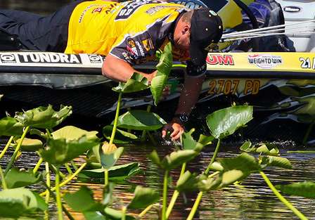 Scroggins lies on the deck of his boat, tearing lily pads off for better visibility on a fish he had marked. 
