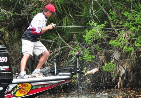 Evers swings one of his final bass of the day out of a pond off Crescent Lake.  Altogether, his catch of 19 pounds even was big enough to earn $100,000 and an Elite Victory.