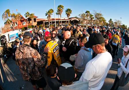 The crowd surrounds Swindle at the Day Three weigh-in of the Bass Pro Shops Bassmaster Southern Open.
