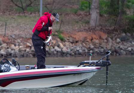Tracy Adams catches a short fish at his first stop on Day Three of the Bass Pro Shops Southern Open. 