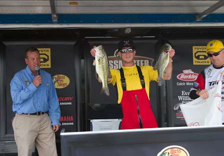 As first angler to weigh-in, Fletcher Shryock had 14-8 and the early lead of the Bass Pro Shops Southern Open 2 on Lake Norman.