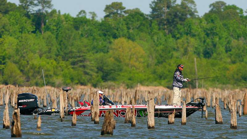 <p>
	Charlie Hartley works deep in a field of stumps that were plentiful on Toledo Bend.</p>
