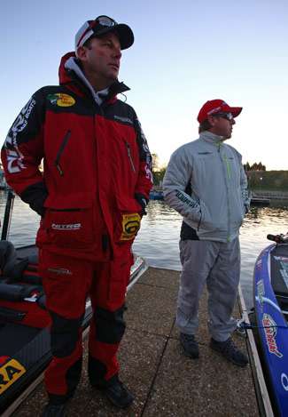 Kevin VanDam and Dean Rojas wait on the dock prior to the Day One launch.