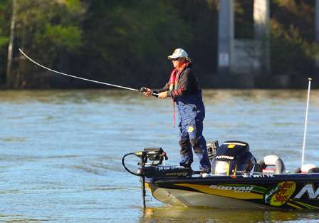 Timmy Horton makes a cast in the main river channel. 