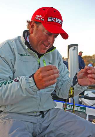 Dean Rojas rigs up one of his signature SPRO frogs for Day Two of the Alabama Charge.