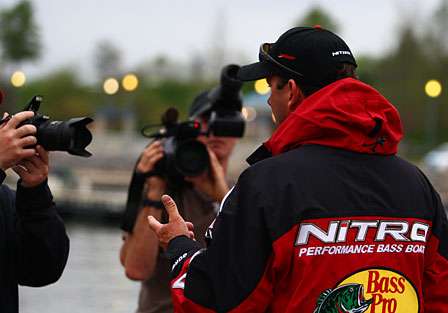 Kevin VanDam is interviewed at the take-off dock.