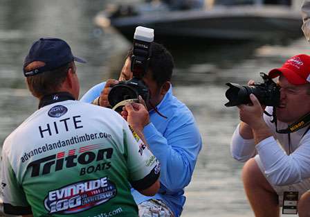 Davy Hite shows off the bait that has helped him hold onto a slim lead on Day Four.