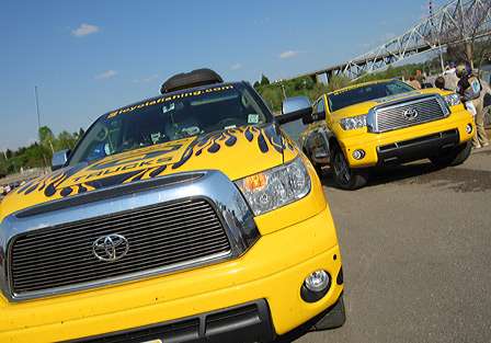 Toyota Tundra Trucks sit at the ready at the boat ramp.