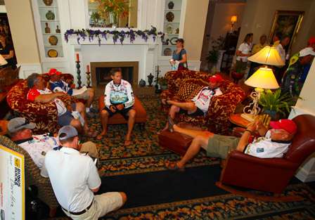 Anglers lounge in the lobby of the Cypress Cove resort prior to the meeting.
