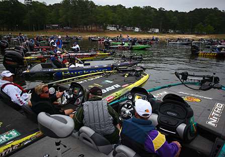 A flotilla of boats wait for Day One takeoff on the Toledo Bend Reservoir.
