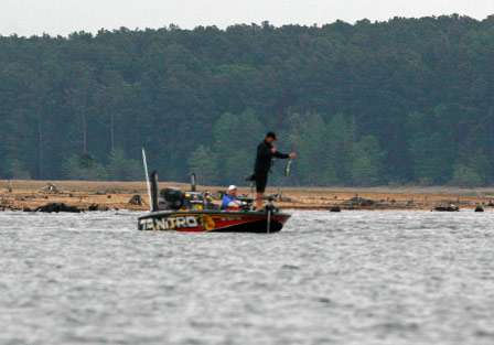 VanDam swings a small bass into the boat, not the quality he was looking for on Toledo Bend.