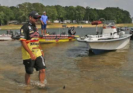 The water is so low on Toledo Bend that anglers like Jeff Kriet had to walk in the water to get weigh-in bags once the dock was full.