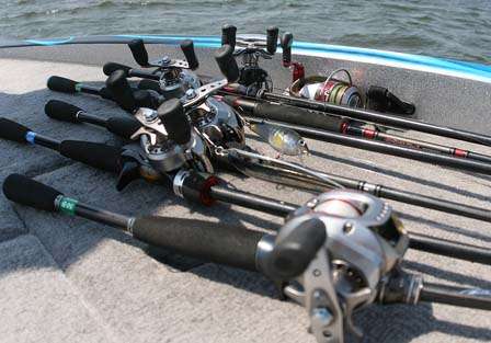 Howell's boat is full of rods (this is just one side) but he's mainly throwing a jig and a Carolina rig.