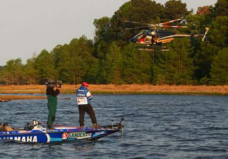 On the final day of fishing on Toledo Bend, Bassmaster cameras were rolling on tournament leader Dean Rojas from the water and from the air. 
